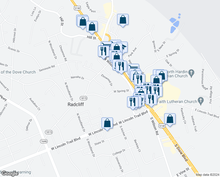 map of restaurants, bars, coffee shops, grocery stores, and more near 246 Elmwood Drive in Radcliff