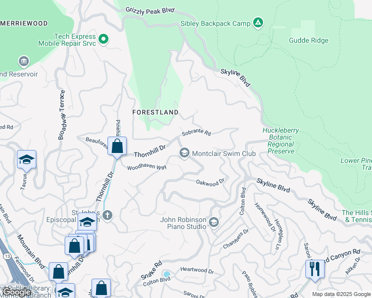 map of restaurants, bars, coffee shops, grocery stores, and more near 6567 Thornhill Drive in Oakland