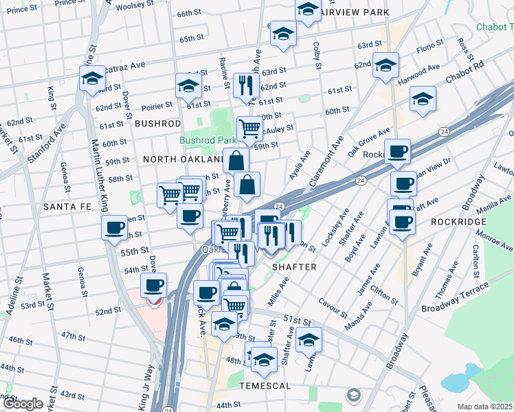 map of restaurants, bars, coffee shops, grocery stores, and more near 5661 Vicente Street in Oakland