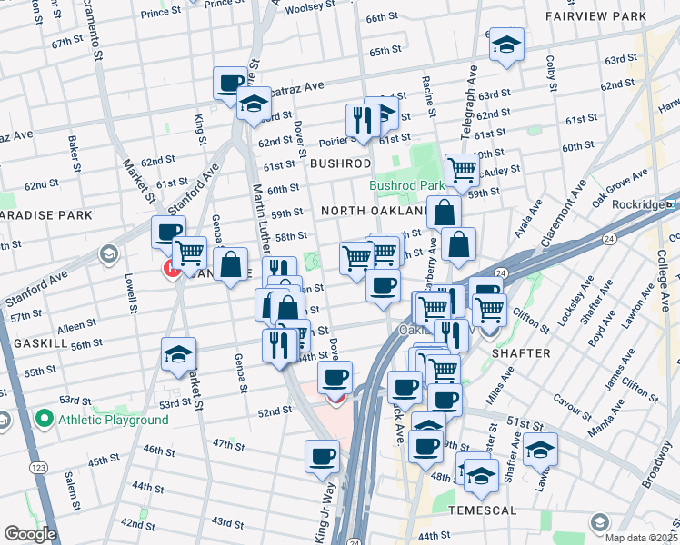 map of restaurants, bars, coffee shops, grocery stores, and more near 665 57th Street in Oakland