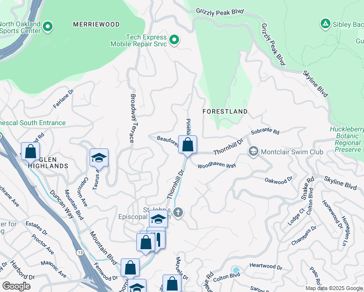 map of restaurants, bars, coffee shops, grocery stores, and more near 224 Beauforest Drive in Oakland