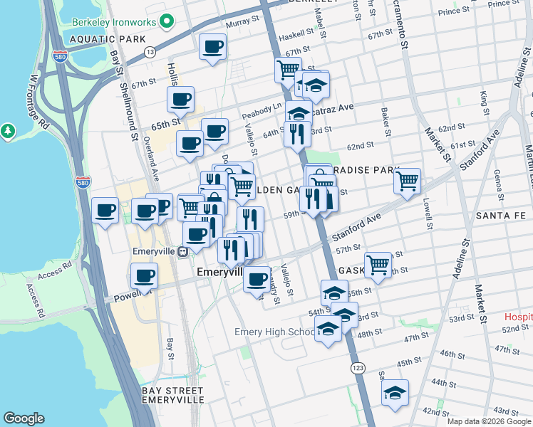 map of restaurants, bars, coffee shops, grocery stores, and more near 5898 Vallejo Street in Oakland