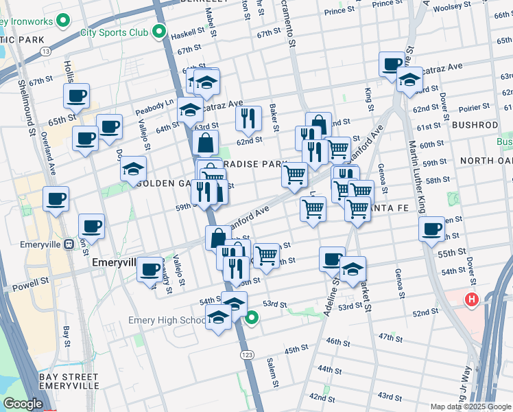 map of restaurants, bars, coffee shops, grocery stores, and more near 1029 Stanford Avenue in Oakland