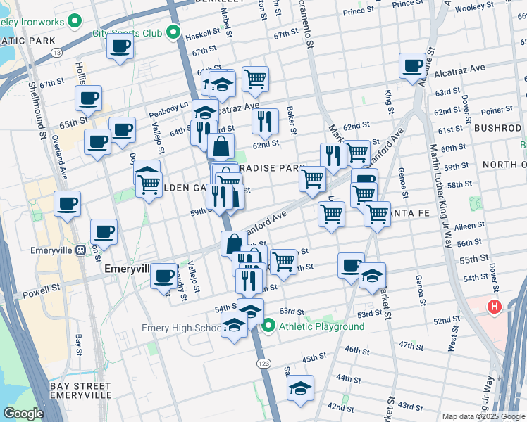 map of restaurants, bars, coffee shops, grocery stores, and more near 1060 Stanford Avenue in Oakland