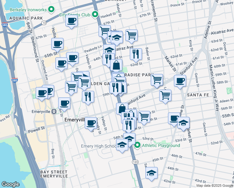 map of restaurants, bars, coffee shops, grocery stores, and more near 1097 59th Street in Oakland