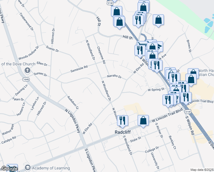 map of restaurants, bars, coffee shops, grocery stores, and more near 440 North Woodland Drive in Radcliff