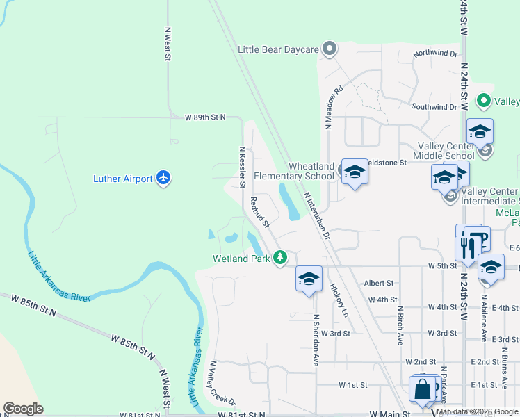 map of restaurants, bars, coffee shops, grocery stores, and more near 708 North Redbud Court in Valley Center