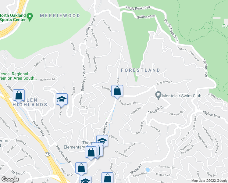 map of restaurants, bars, coffee shops, grocery stores, and more near 224 Beauforest Drive in Oakland
