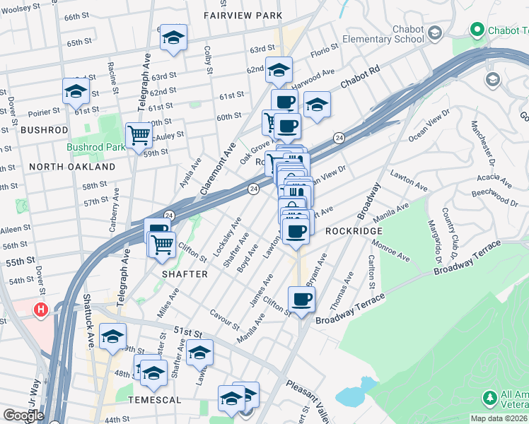 map of restaurants, bars, coffee shops, grocery stores, and more near 5442 Shafter Avenue in Oakland
