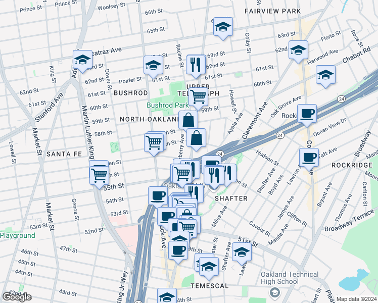 map of restaurants, bars, coffee shops, grocery stores, and more near 5659 Telegraph Avenue in Oakland