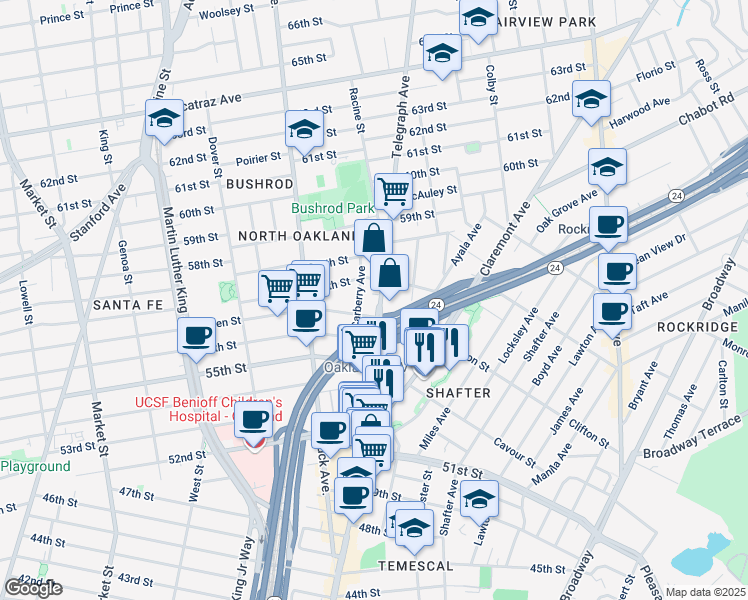 map of restaurants, bars, coffee shops, grocery stores, and more near 5659 Telegraph Avenue in Oakland