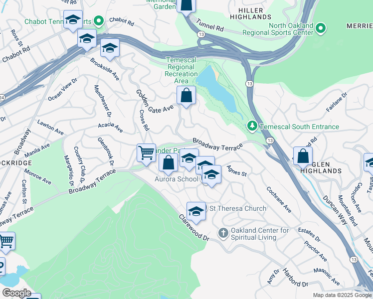 map of restaurants, bars, coffee shops, grocery stores, and more near 6141 Broadway Terrace in Oakland