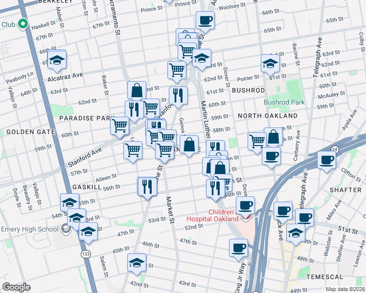 map of restaurants, bars, coffee shops, grocery stores, and more near 5707 Genoa Street in Oakland