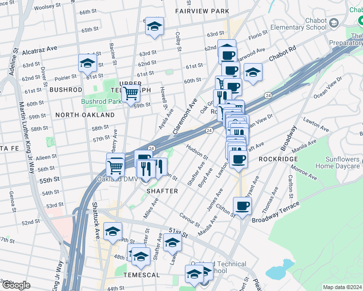 map of restaurants, bars, coffee shops, grocery stores, and more near 481 Hudson Street in Oakland