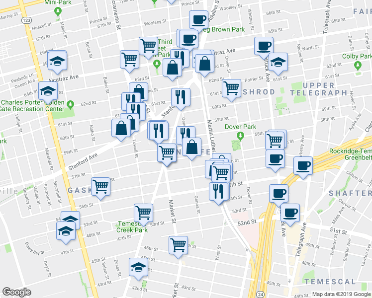 map of restaurants, bars, coffee shops, grocery stores, and more near 5707 Genoa Street in Oakland