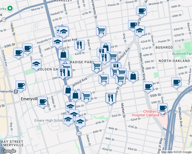 map of restaurants, bars, coffee shops, grocery stores, and more near in Oakland