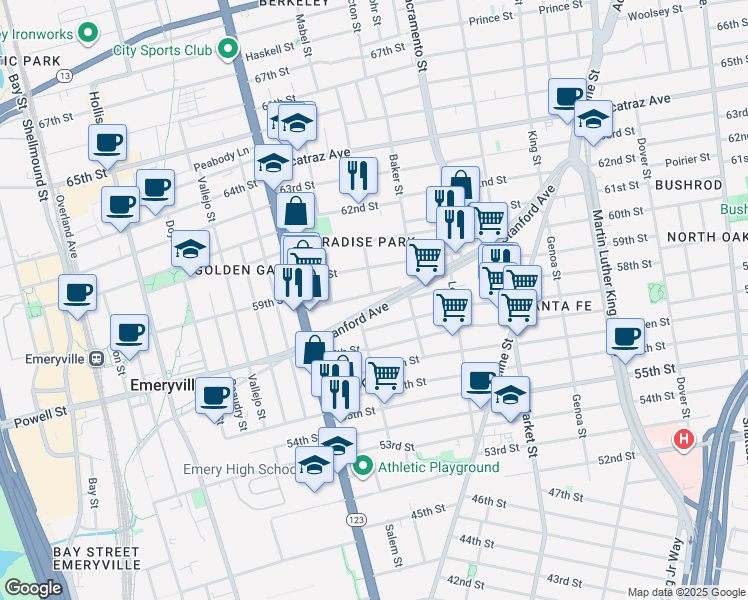 map of restaurants, bars, coffee shops, grocery stores, and more near 1029 Stanford Avenue in Oakland