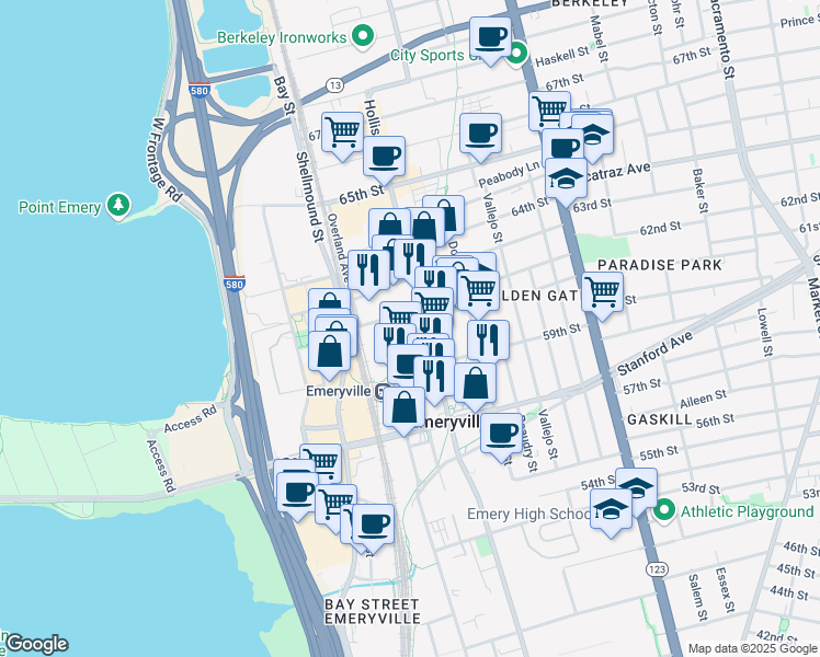 map of restaurants, bars, coffee shops, grocery stores, and more near 6121 Hollis Street in Emeryville