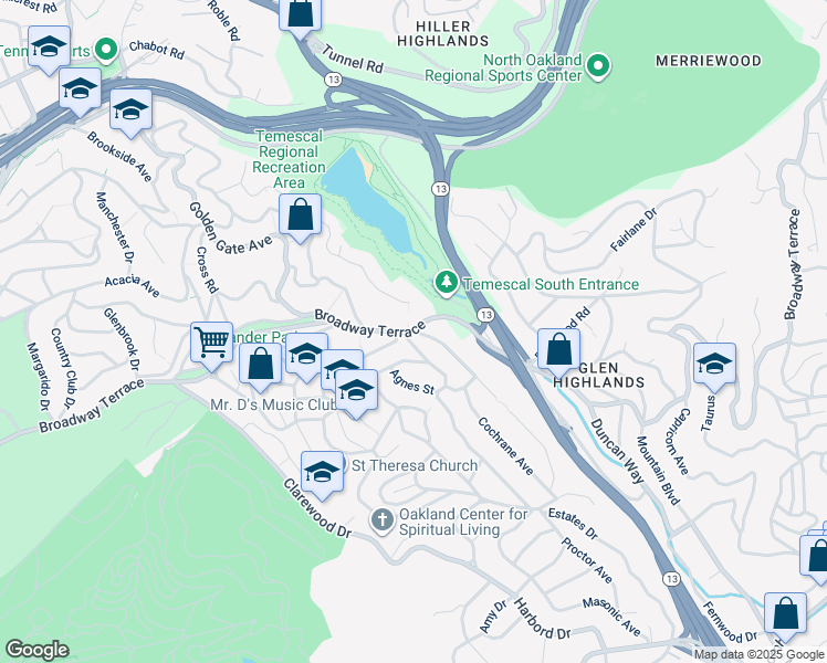 map of restaurants, bars, coffee shops, grocery stores, and more near 0 Sheridan Road in Oakland