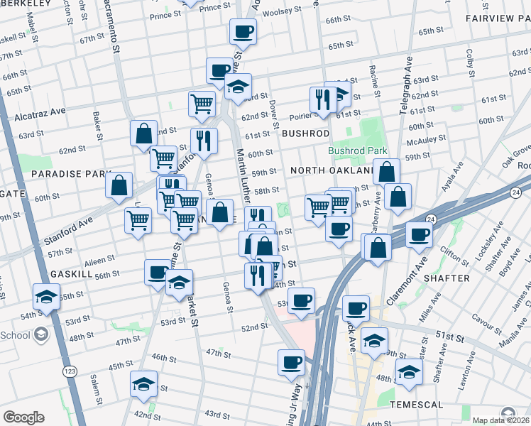 map of restaurants, bars, coffee shops, grocery stores, and more near 5714 Martin Luther King Jr Way in Oakland