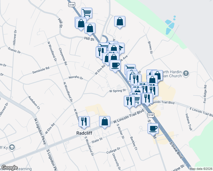 map of restaurants, bars, coffee shops, grocery stores, and more near 286 Elmwood Drive in Radcliff