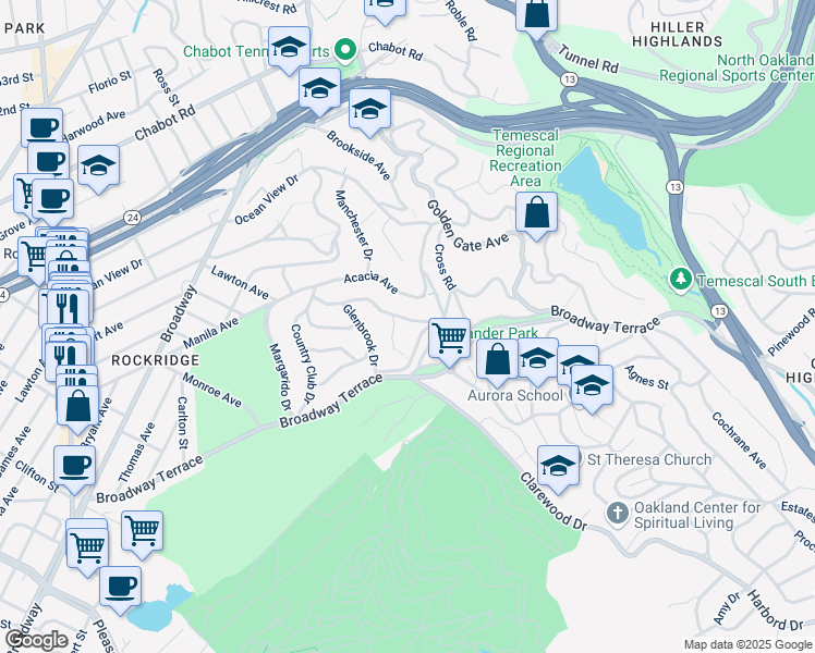 map of restaurants, bars, coffee shops, grocery stores, and more near 5858 Romany Road in Oakland
