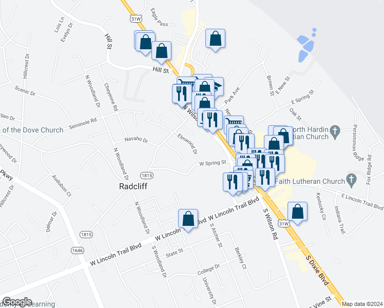 map of restaurants, bars, coffee shops, grocery stores, and more near 246 Elmwood Drive in Radcliff