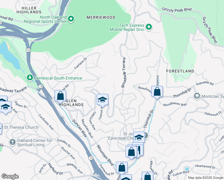map of restaurants, bars, coffee shops, grocery stores, and more near 6219 Virgo Road in Oakland