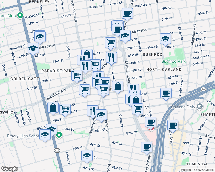 map of restaurants, bars, coffee shops, grocery stores, and more near 890 Arlington Avenue in Oakland