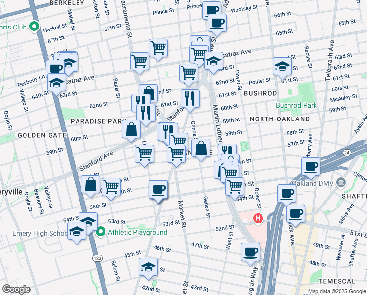 map of restaurants, bars, coffee shops, grocery stores, and more near 5716 Adeline Street in Oakland