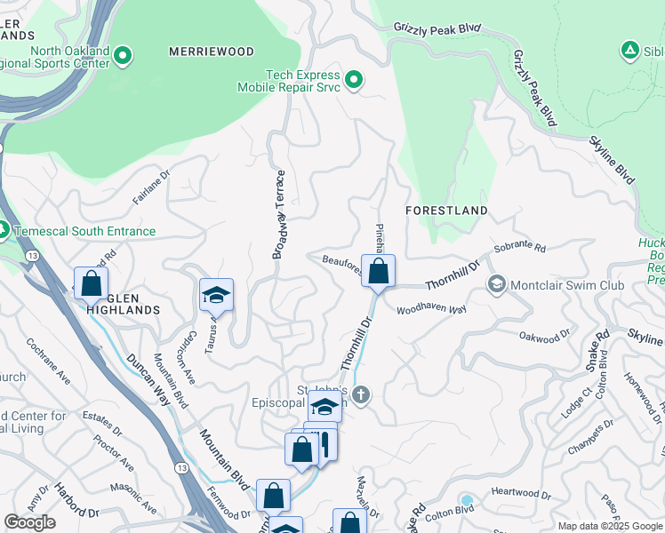 map of restaurants, bars, coffee shops, grocery stores, and more near 6212 Valley View Road in Oakland