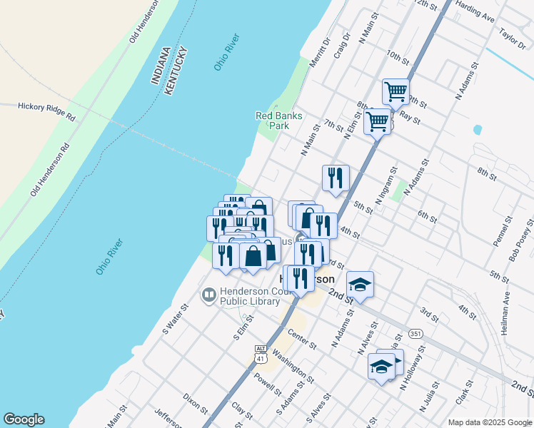 map of restaurants, bars, coffee shops, grocery stores, and more near 311 North Main Street in Henderson
