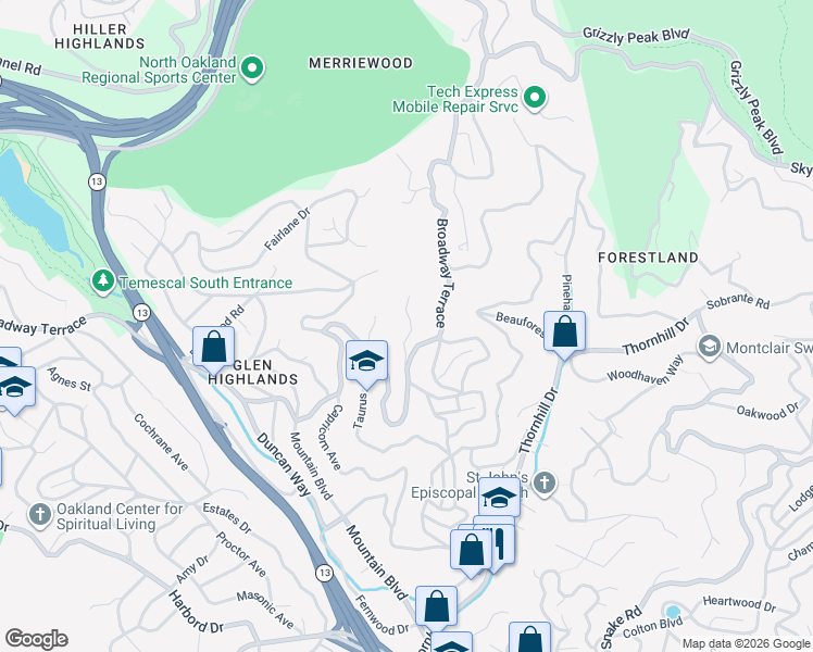 map of restaurants, bars, coffee shops, grocery stores, and more near 6219 Virgo Road in Oakland