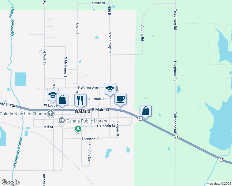 map of restaurants, bars, coffee shops, grocery stores, and more near 200 North McKinley Street in Galatia