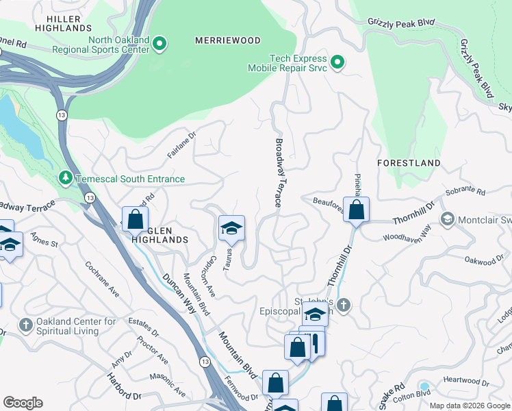 map of restaurants, bars, coffee shops, grocery stores, and more near 6219 Virgo Road in Oakland