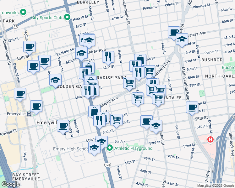 map of restaurants, bars, coffee shops, grocery stores, and more near 1029 Stanford Avenue in Oakland