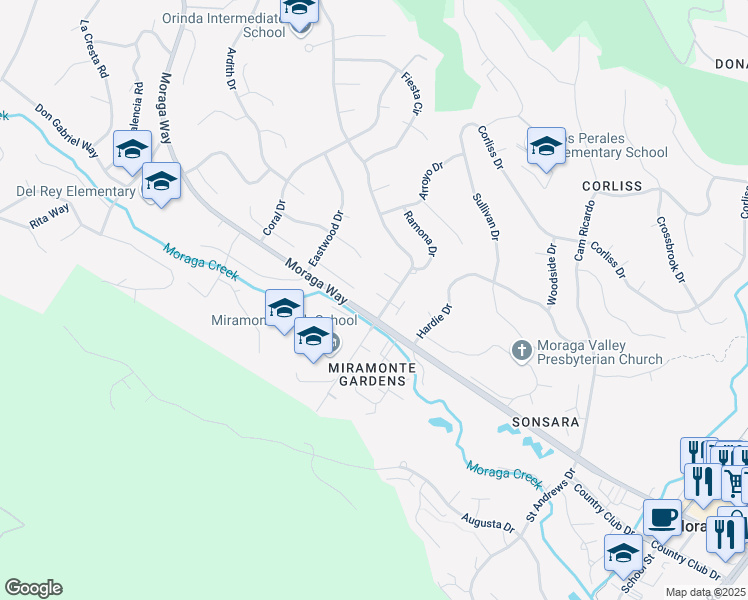 map of restaurants, bars, coffee shops, grocery stores, and more near 5 Corte Holganza in Orinda
