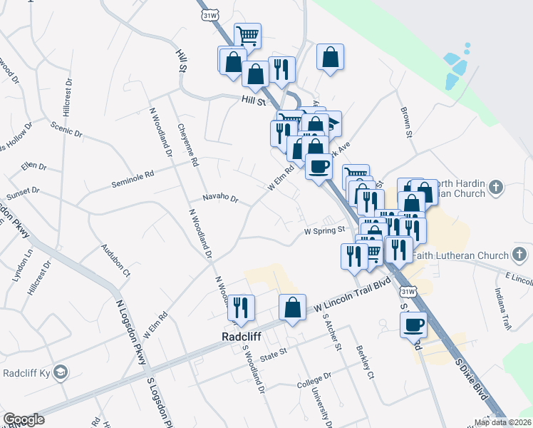 map of restaurants, bars, coffee shops, grocery stores, and more near 430 Wood Creek Drive in Radcliff