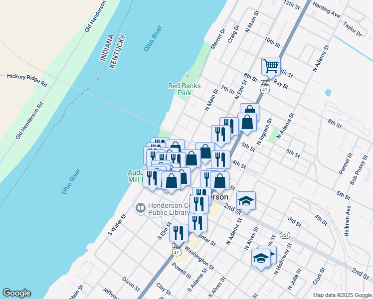 map of restaurants, bars, coffee shops, grocery stores, and more near 327 North Main Street in Henderson