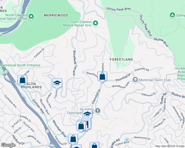 map of restaurants, bars, coffee shops, grocery stores, and more near Beauforest Drive in Oakland