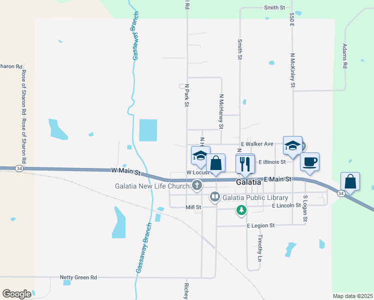 map of restaurants, bars, coffee shops, grocery stores, and more near 264 North Park Street in Galatia