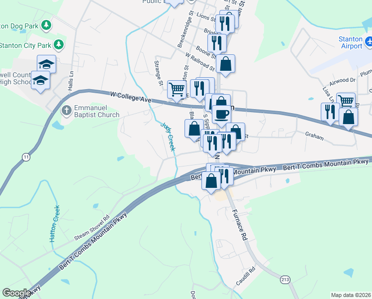 map of restaurants, bars, coffee shops, grocery stores, and more near 64 Meadowbrook Drive in Stanton