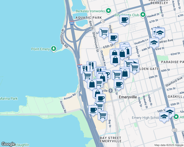 map of restaurants, bars, coffee shops, grocery stores, and more near 6322 Christie Avenue in Emeryville