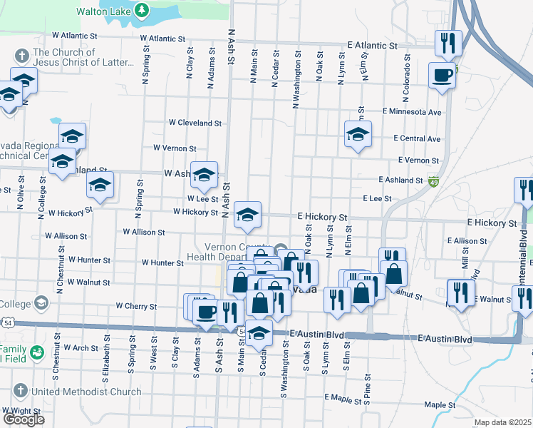 map of restaurants, bars, coffee shops, grocery stores, and more near 520 North Cedar Street in Nevada