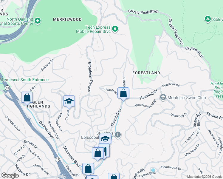 map of restaurants, bars, coffee shops, grocery stores, and more near 6383 Valley View Road in Oakland