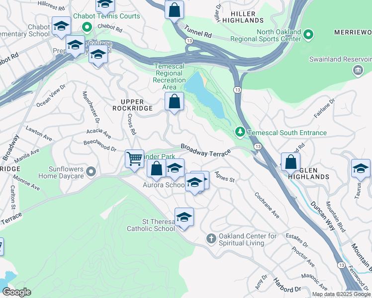 map of restaurants, bars, coffee shops, grocery stores, and more near 6171 Buena Vista Avenue in Oakland