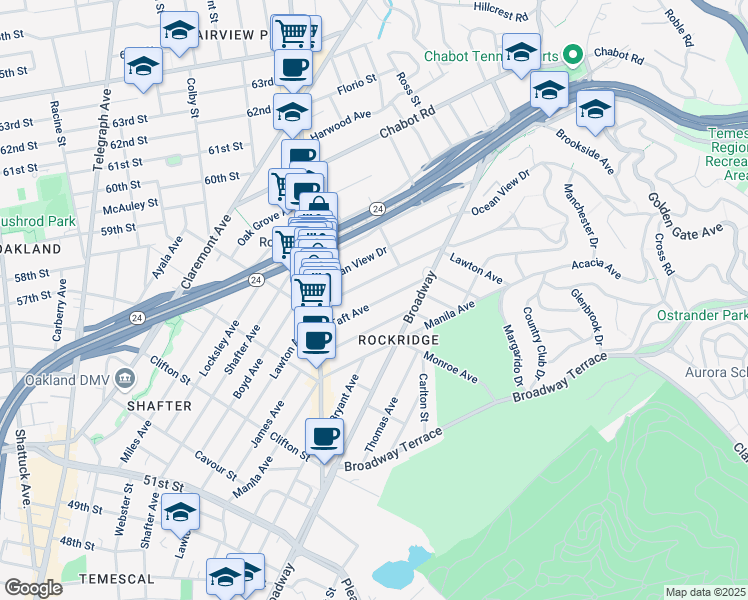 map of restaurants, bars, coffee shops, grocery stores, and more near 5591 Lawton Avenue in Oakland