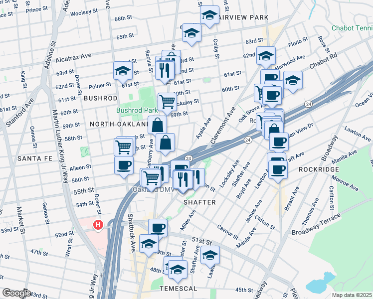 map of restaurants, bars, coffee shops, grocery stores, and more near 5719 Hermann Street in Oakland