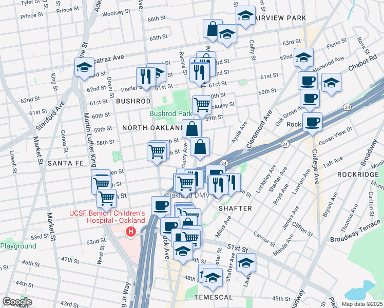 map of restaurants, bars, coffee shops, grocery stores, and more near 517 58th Street in Oakland