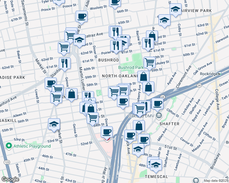 map of restaurants, bars, coffee shops, grocery stores, and more near 646 58th Street in Oakland